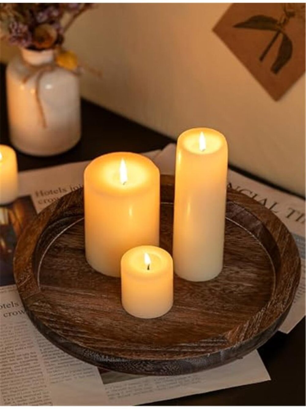 Round Wooden Candle Holder Trays for Coffee Table Distressed Finish